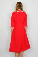 70s Vintage Dress - Bright Red with Sheer White Frills - XXS