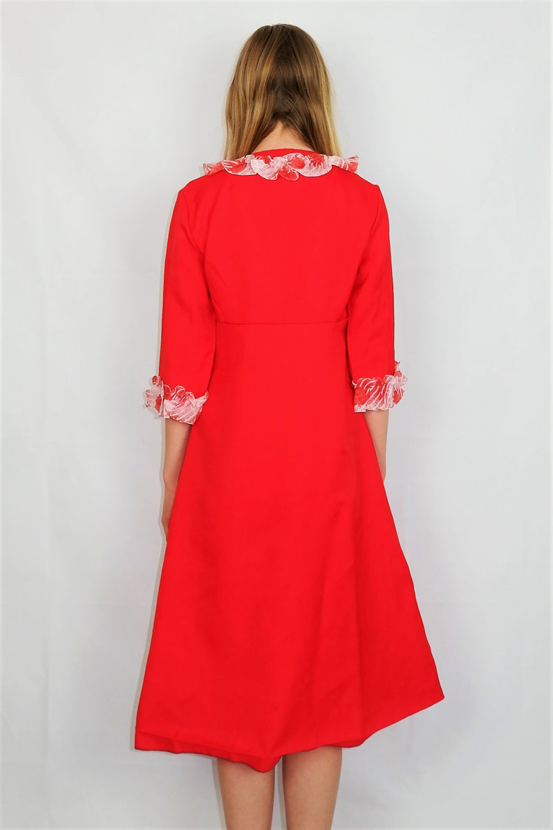 70s Vintage Dress - Bright Red with Sheer White Frills - XXS