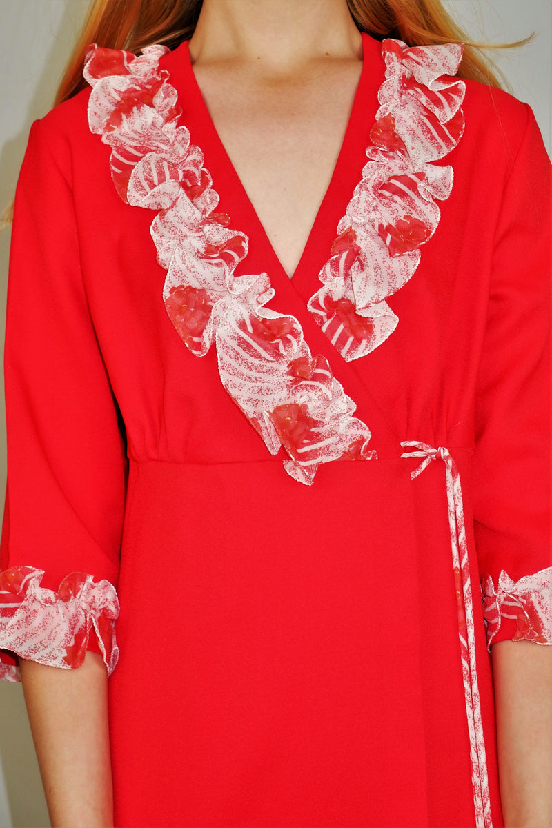 70s Vintage Dress - Bright Red with Sheer White Frills - XXS