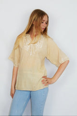 70's Vintage Peasant Top - Ivory with White Gold Embroidery - Size S/M