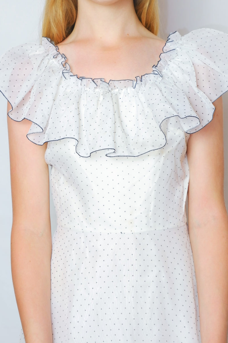70s Vintage Dress - Sheer White with Black Polka Dots - Size XXS