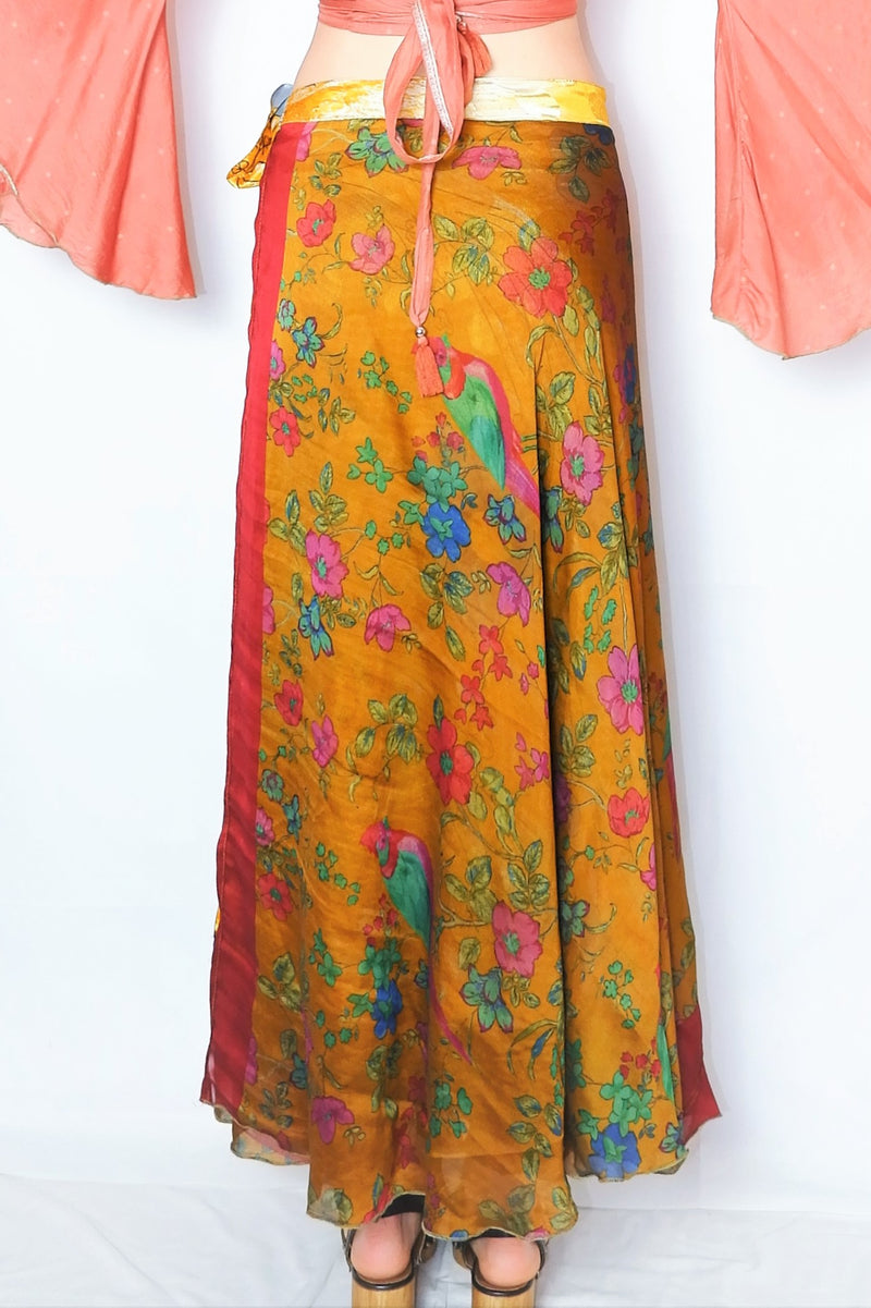 River Reversible Wrap Skirt - Vintage Indian Sari - Golden Sunshine & Sky Blue Floral - Free Size
