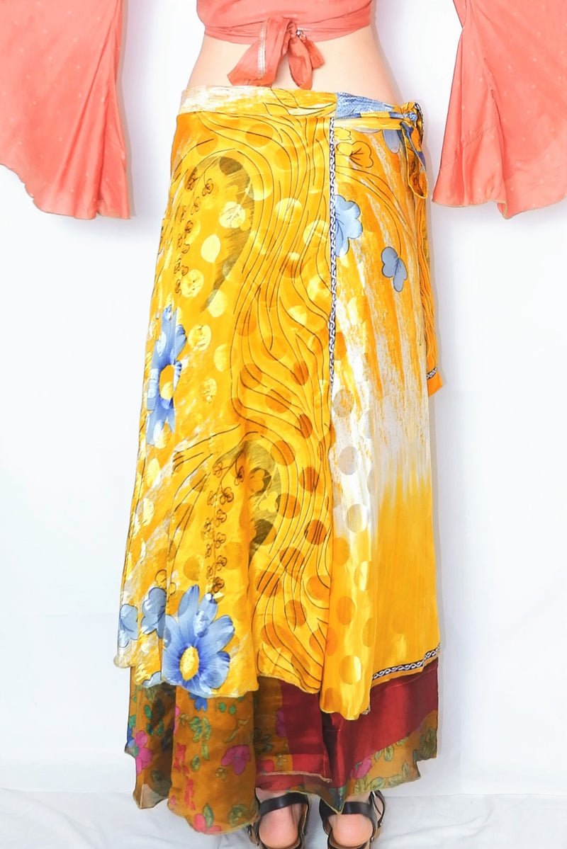 River Reversible Wrap Skirt - Vintage Indian Sari - Golden Sunshine & Sky Blue Floral - Free Size