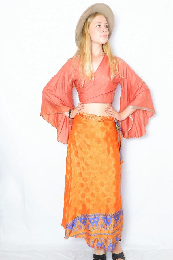 River Reversible Wrap Skirt - Vintage Indian Sari - Fire, Orange & Aqua Paisley - Free Size