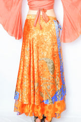 River Reversible Wrap Skirt - Vintage Indian Sari - Fire, Orange & Aqua Paisley - Free Size