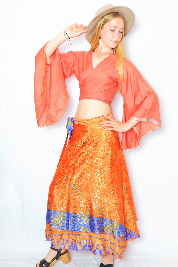 River Reversible Wrap Skirt - Vintage Indian Sari - Fire, Orange & Aqua Paisley - Free Size