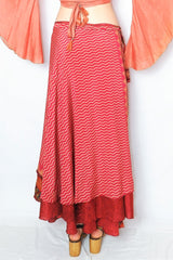 River Reversible Wrap Skirt - Vintage Indian Sari - Raspberry & Peanut Zigzags - Free Size
