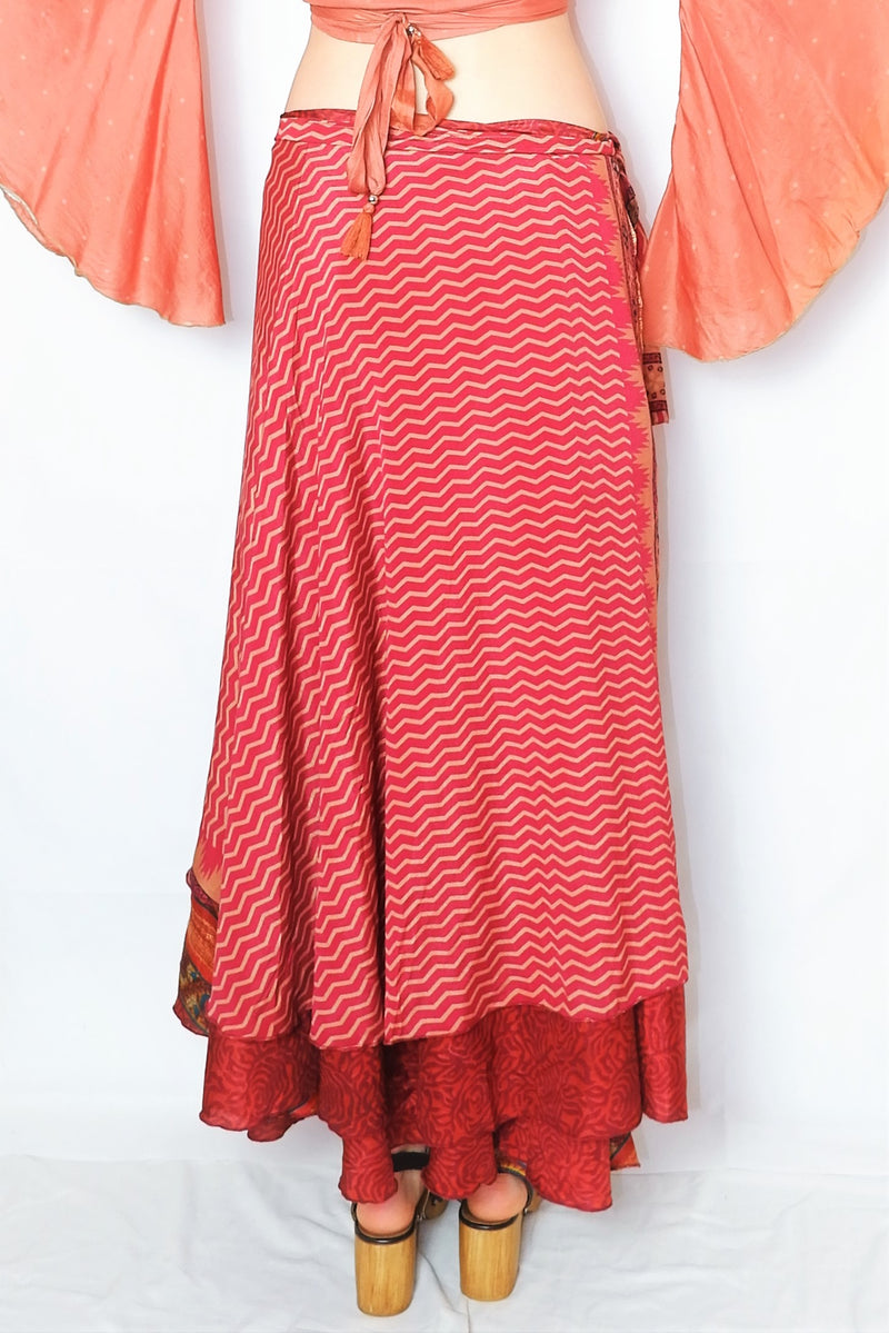 River Reversible Wrap Skirt - Vintage Indian Sari - Raspberry & Peanut Zigzags - Free Size