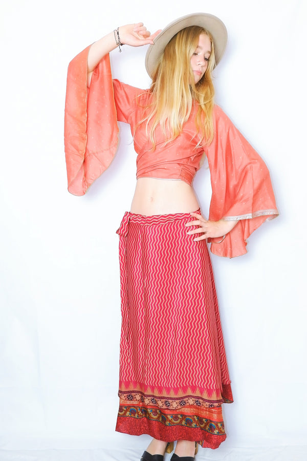 River Reversible Wrap Skirt - Vintage Indian Sari - Raspberry & Peanut Zigzags - Free Size