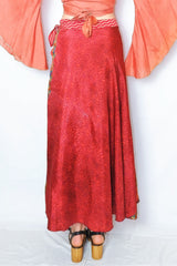 River Reversible Wrap Skirt - Vintage Indian Sari - Raspberry & Peanut Zigzags - Free Size