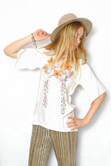 Vintage Top - Burnt Sun & Indigo Floral Embroidered Tunic - Size S/SM