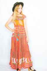Esmerelda Maxi Dress - Vintage Indian Cotton - Fern, Monarch Orange & Candy Paisley - Free Size