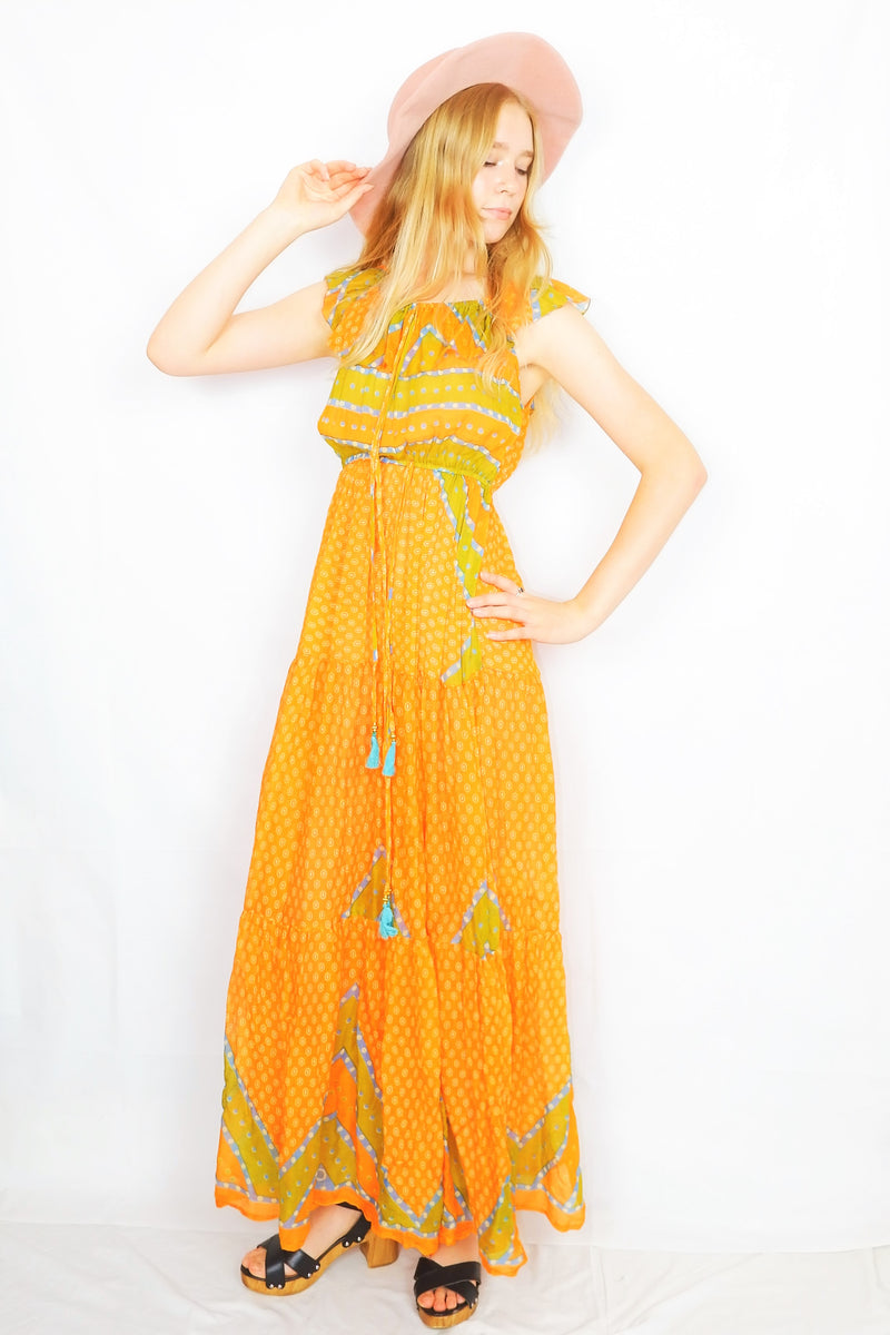 Esmerelda Maxi Dress - Vintage Indian Cotton - Sunrise, Lime & Sky Blue Block Print - Free Size