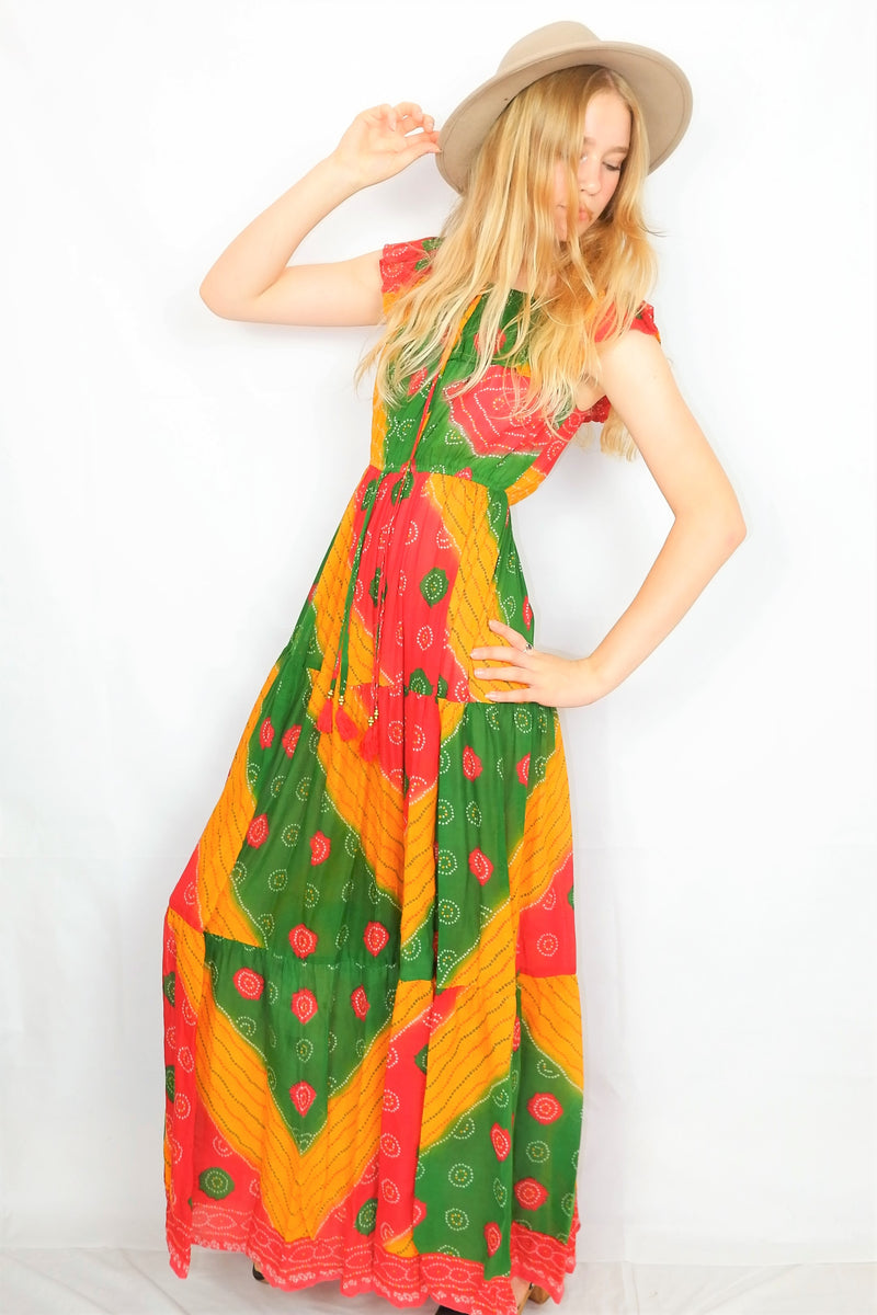Esmerelda Maxi Dress - Vintage Indian Cotton - Scarlet, Forest & Sunflower - Free Size