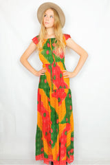 Esmerelda Maxi Dress - Vintage Indian Cotton - Scarlet, Forest & Sunflower - Free Size