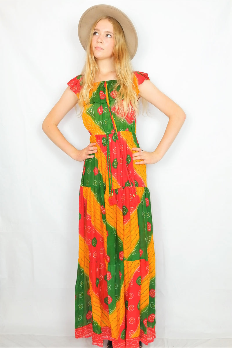 Esmerelda Maxi Dress - Vintage Indian Cotton - Scarlet, Forest & Sunflower - Free Size