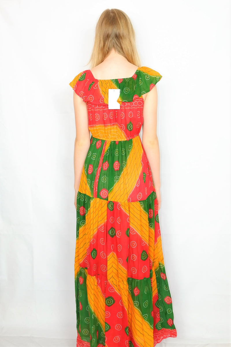 Esmerelda Maxi Dress - Vintage Indian Cotton - Scarlet, Forest & Sunflower - Free Size