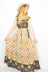 SALE Esmerelda Maxi Dress - Vintage Indian Cotton -Bright Lime, Hickory & Peru Floral - Free Size