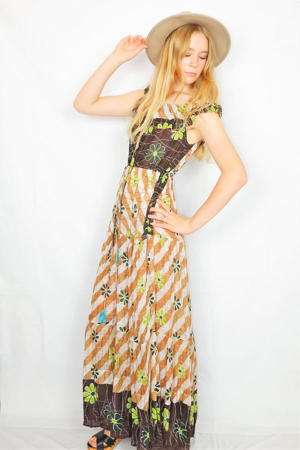 SALE Esmerelda Maxi Dress - Vintage Indian Cotton -Bright Lime, Hickory & Peru Floral - Free Size