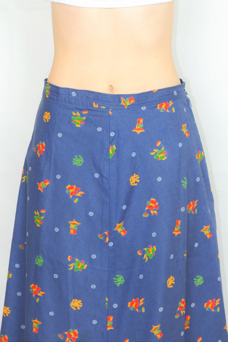 70's Vintage Skirt - Aegean Blue with a Bright Graphic Illustration - S