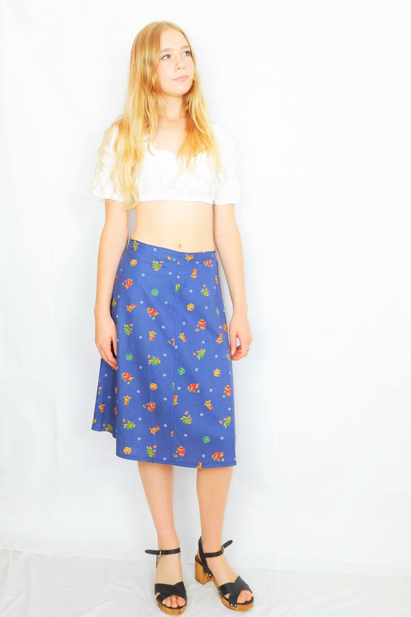70's Vintage Skirt - Aegean Blue with a Bright Graphic Illustration - S