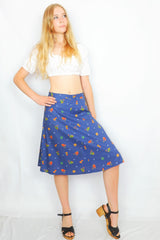 70's Vintage Skirt - Aegean Blue with a Bright Graphic Illustration - S