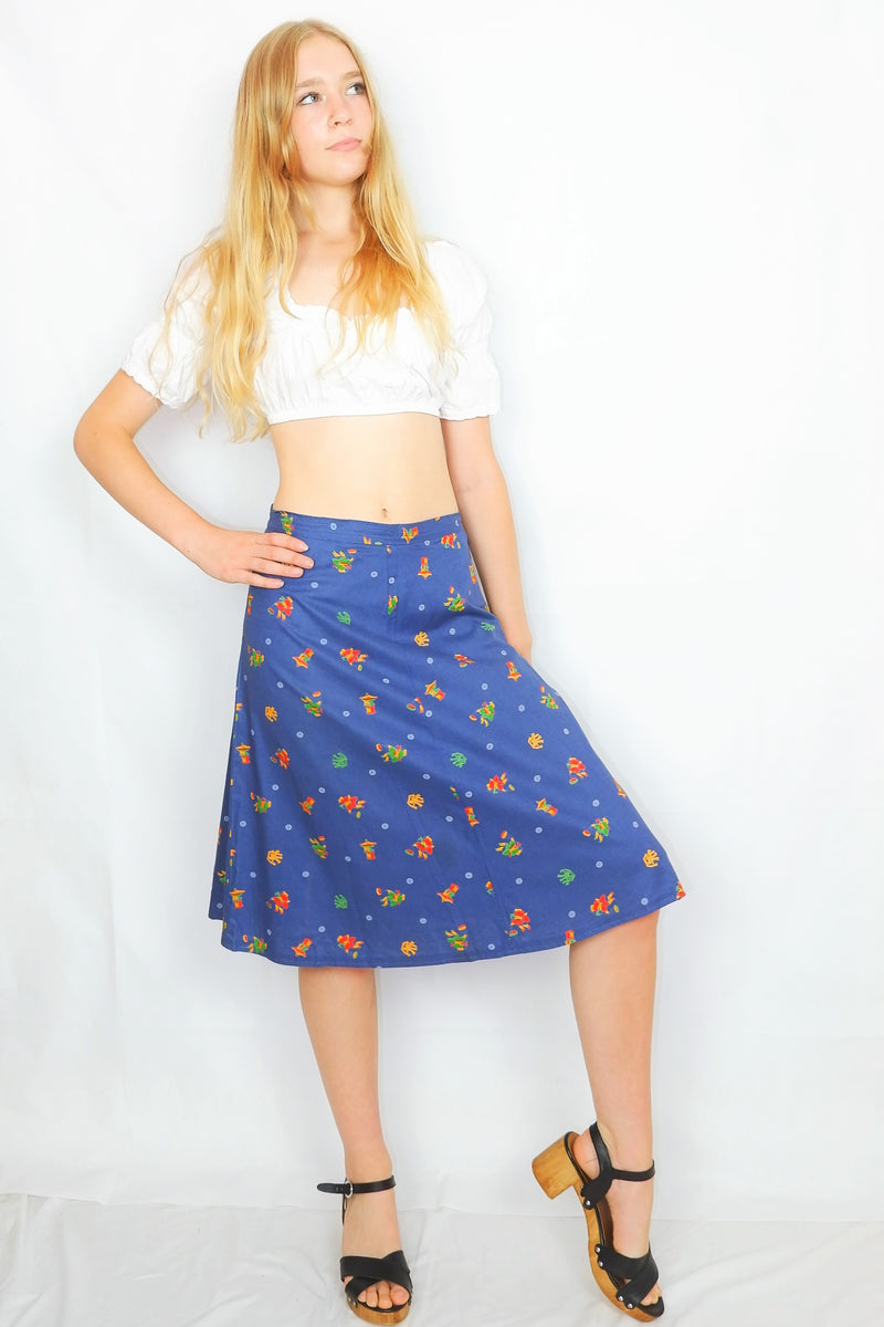 70's Vintage Skirt - Aegean Blue with a Bright Graphic Illustration - S