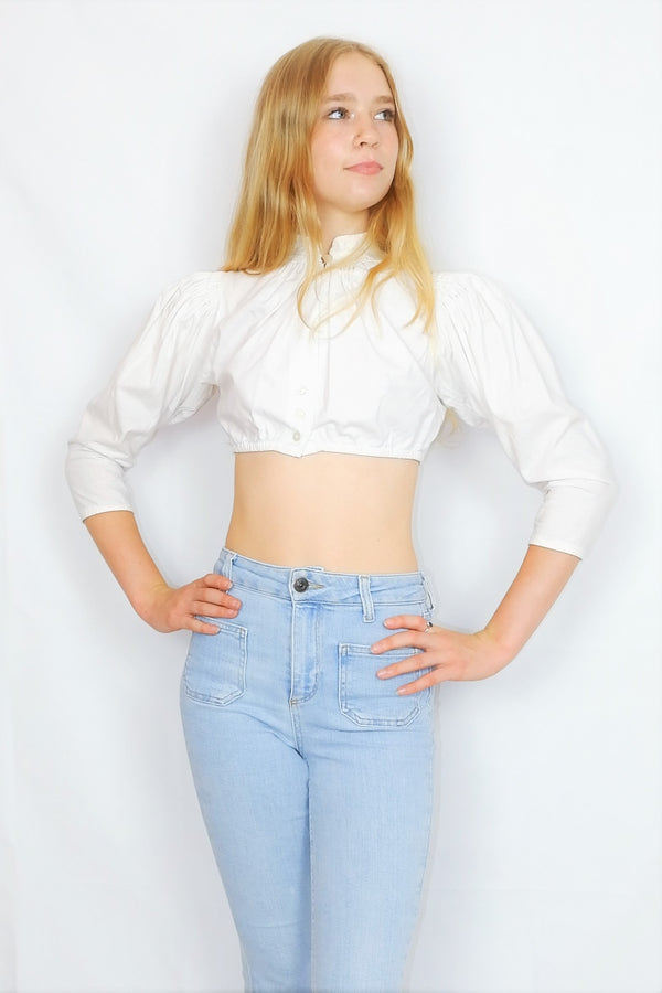 70's White Vintage Cropped Prairie Shirt - Size XXS