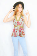 Sydney Halter Top - Vintage Indian Sari - Crimson, Steel & Olive Floral Tiles - XS-S/M