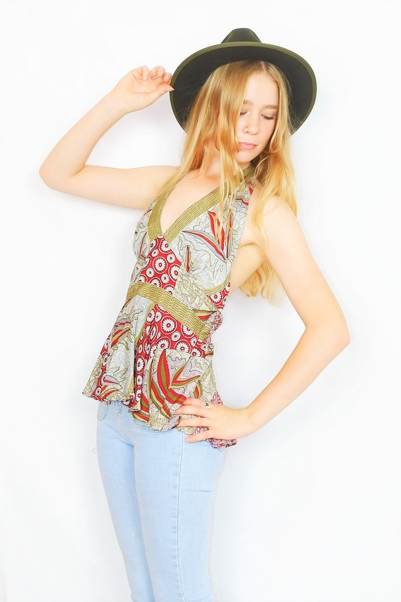 Sydney Halter Top - Vintage Indian Sari - Crimson, Steel & Olive Floral Tiles - XS-S/M