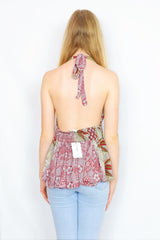 Sydney Halter Top - Vintage Indian Sari - Crimson, Steel & Olive Floral Tiles - XS-S/M