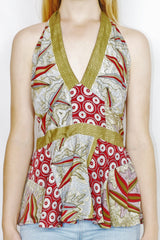 Sydney Halter Top - Vintage Indian Sari - Crimson, Steel & Olive Floral Tiles - XS-S/M