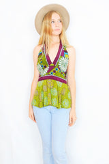 Sydney Halter Top - Vintage Indian Sari - Lime Green & Plum Sparkling Floral - XS-S/M