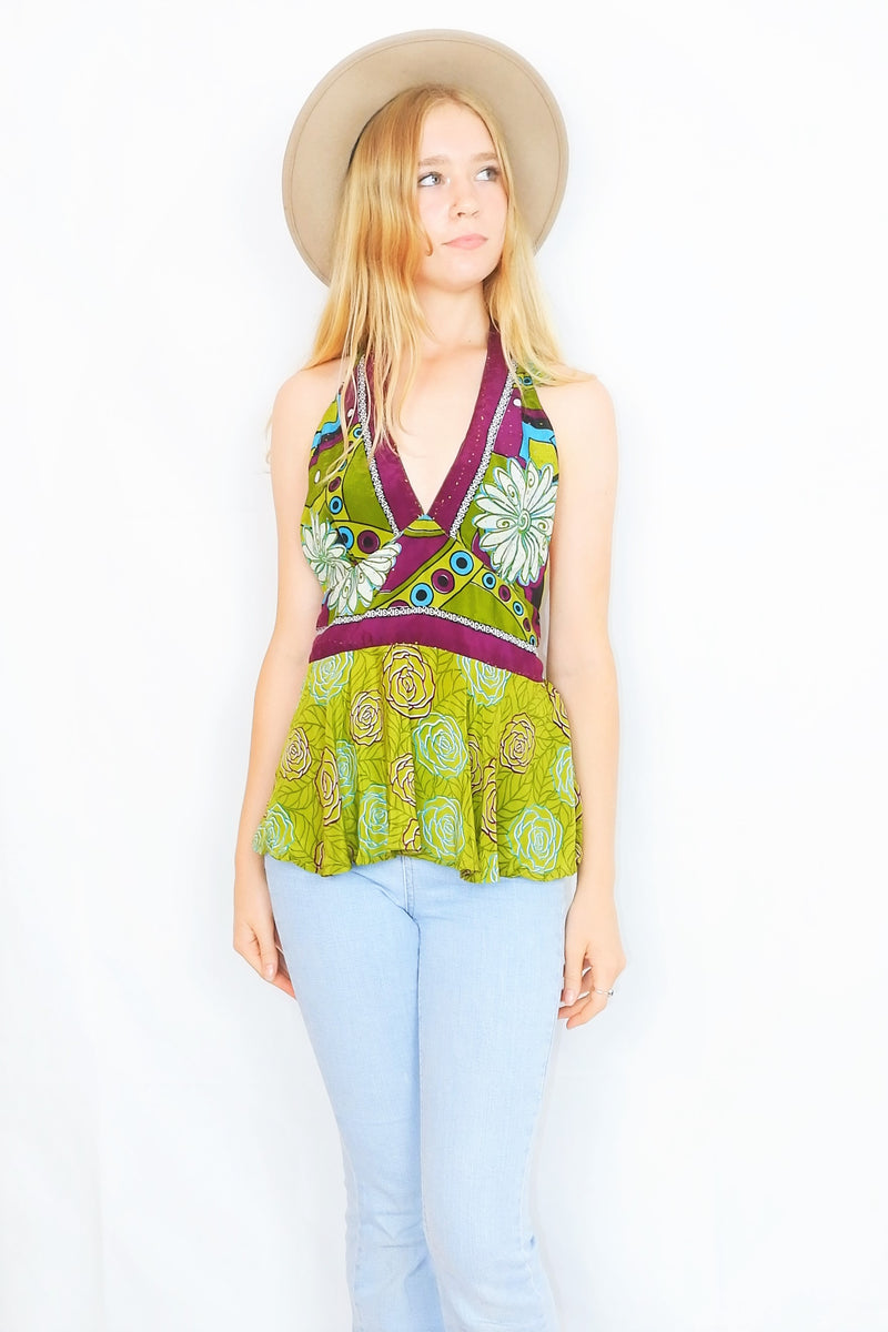 Sydney Halter Top - Vintage Indian Sari - Lime Green & Plum Sparkling Floral - XS-S/M