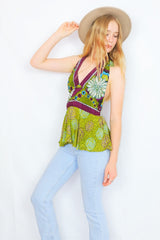 Sydney Halter Top - Vintage Indian Sari - Lime Green & Plum Sparkling Floral - XS-S/M