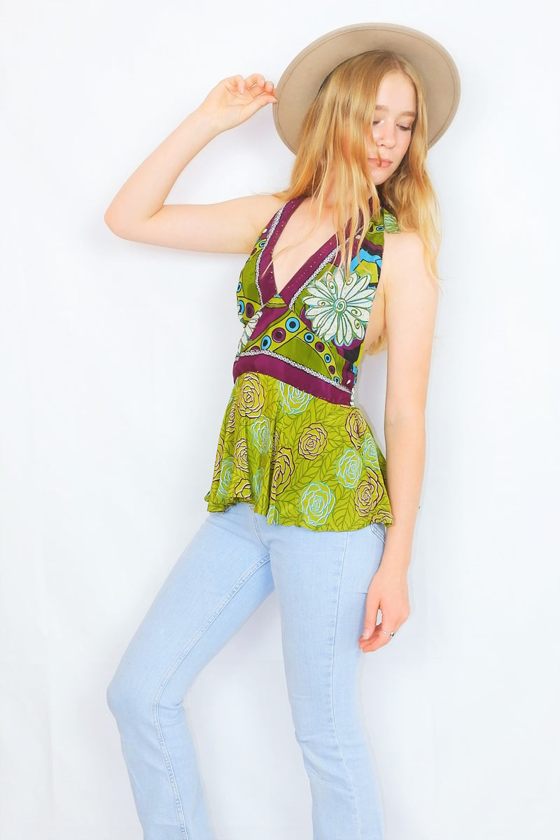 Sydney Halter Top - Vintage Indian Sari - Lime Green & Plum Sparkling Floral - XS-S/M