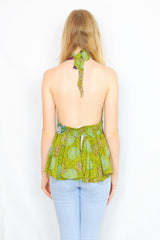 Sydney Halter Top - Vintage Indian Sari - Lime Green & Plum Sparkling Floral - XS-S/M