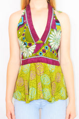 Sydney Halter Top - Vintage Indian Sari - Lime Green & Plum Sparkling Floral - XS-S/M