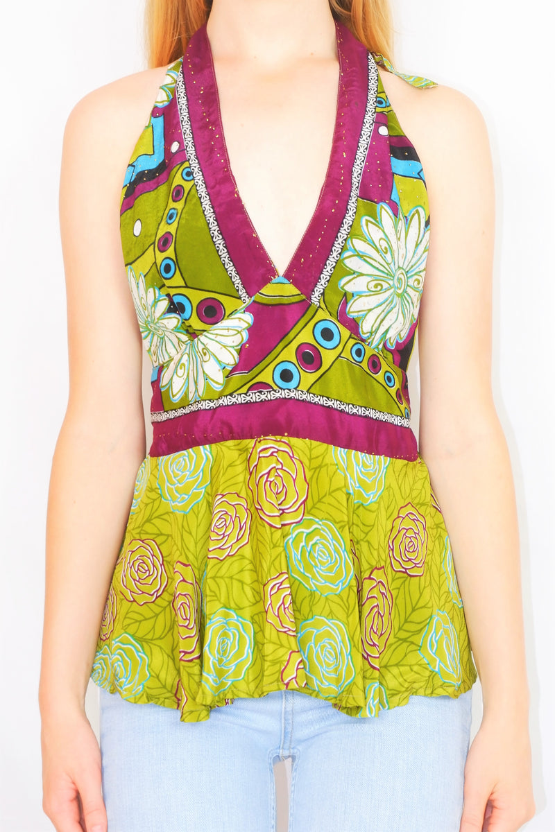 Sydney Halter Top - Vintage Indian Sari - Lime Green & Plum Sparkling Floral - XS-S/M