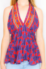 Sydney Halter Top - Vintage Indian Sari - Shimmering Red & Aegean Blue Motif - XS-S/M