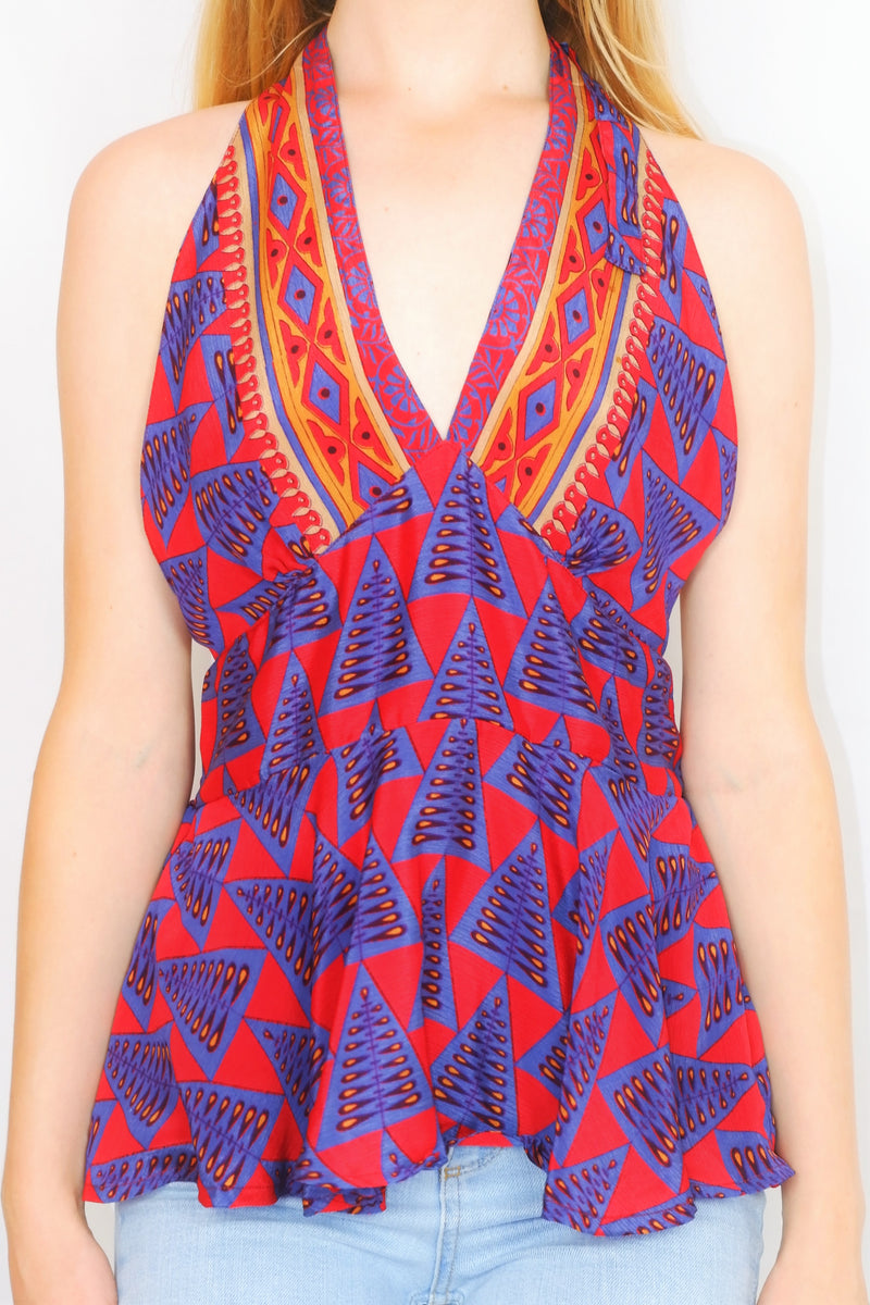 Sydney Halter Top - Vintage Indian Sari - Shimmering Red & Aegean Blue Motif - XS-S/M