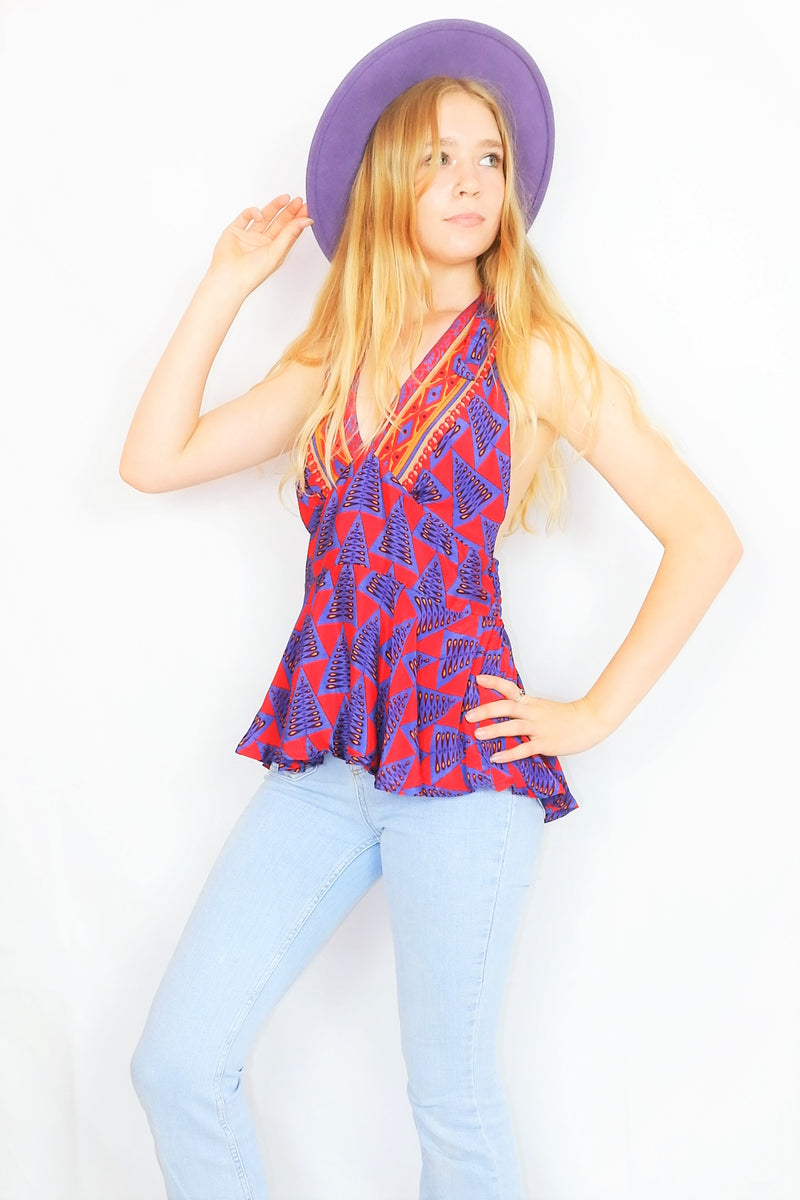 Sydney Halter Top - Vintage Indian Sari - Shimmering Red & Aegean Blue Motif - XS-S/M