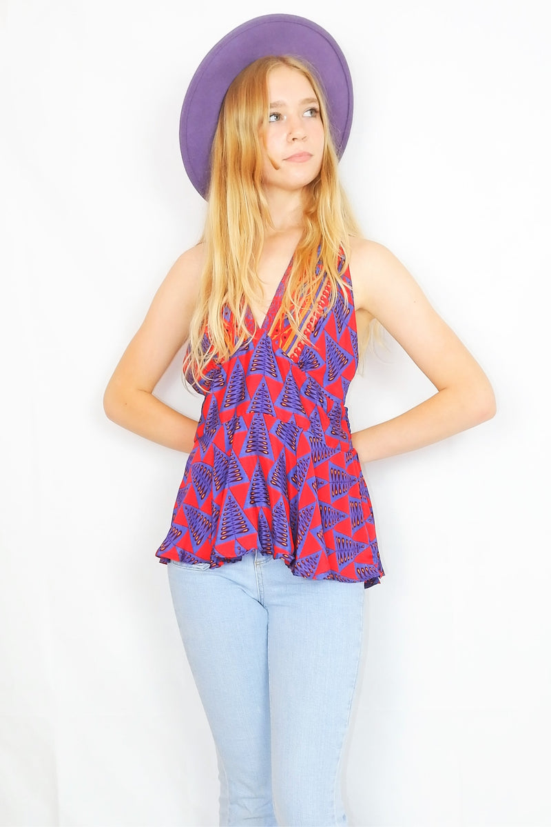 Sydney Halter Top - Vintage Indian Sari - Shimmering Red & Aegean Blue Motif - XS-S/M