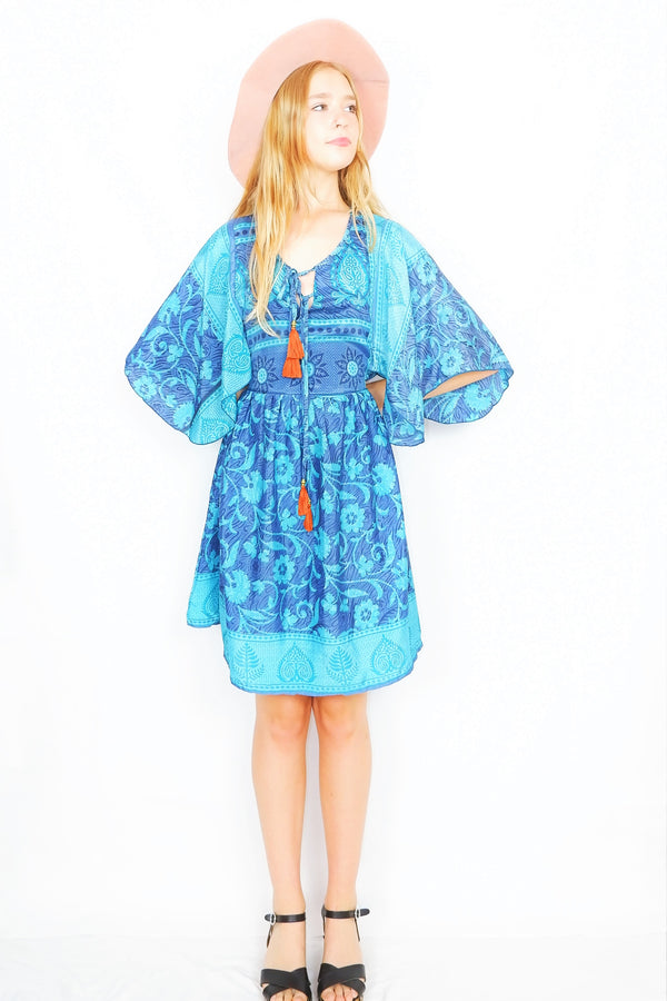 Angelica Mini Angel Sleeve Kaftan - Steel Blue & Spearmint Collage Floral - Free Size S/M