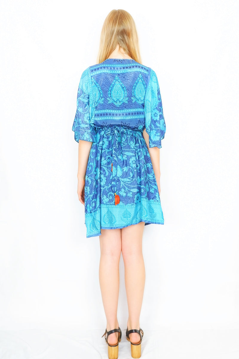 Angelica Mini Angel Sleeve Kaftan - Steel Blue & Spearmint Collage Floral - Free Size S/M