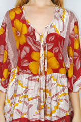 Angelica Mini Angel Sleeve Kaftan - Garnet, Gold & Alabaster Floral - Free Size L/XL