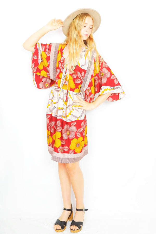 Angelica Mini Angel Sleeve Kaftan - Garnet, Gold & Alabaster Floral - Free Size L/XL