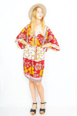 Angelica Mini Angel Sleeve Kaftan - Garnet, Gold & Alabaster Floral - Free Size L/XL