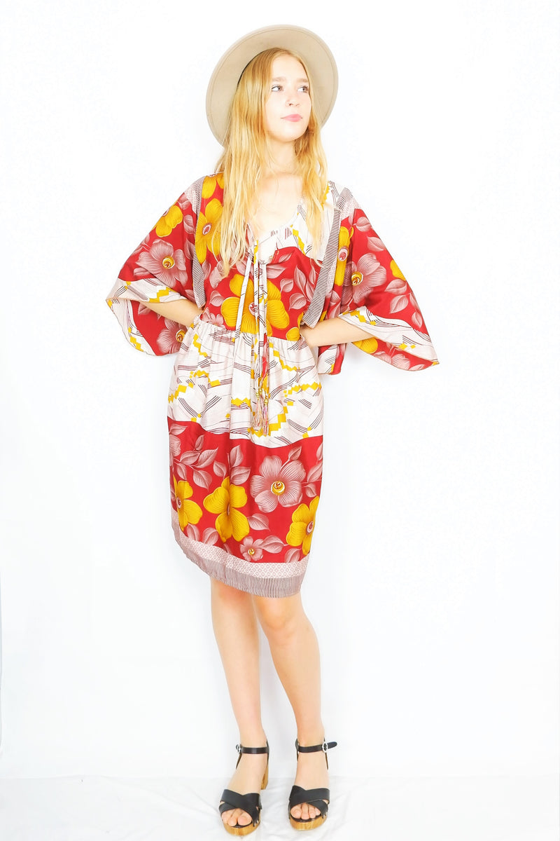 Angelica Mini Angel Sleeve Kaftan - Garnet, Gold & Alabaster Floral - Free Size L/XL