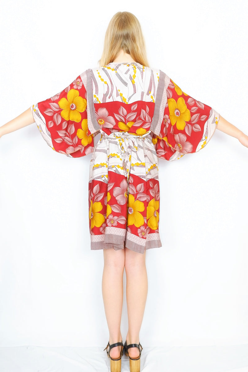 Angelica Mini Angel Sleeve Kaftan - Garnet, Gold & Alabaster Floral - Free Size L/XL